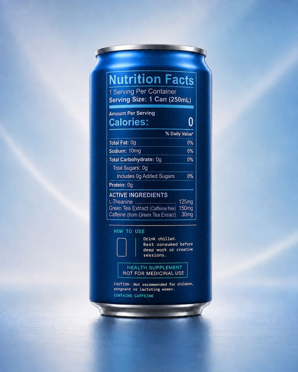 Back of the ease MIND can showing nutrition facts and active ingredients